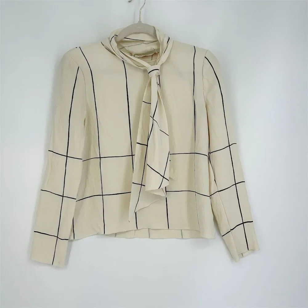 Tory Burch Window Pane Check Silk Windsor Tie Ivory Long Sleeve Blouse, S/6